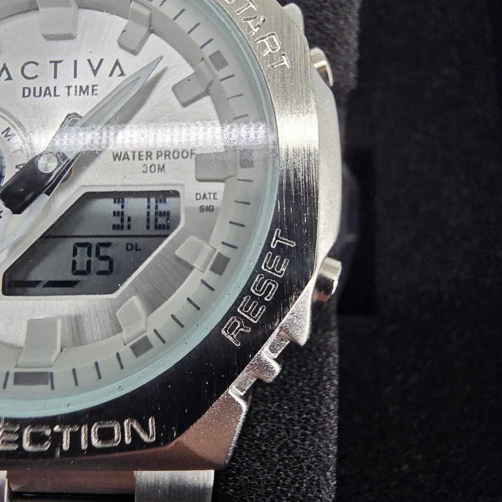 Invicta Activa Dual Time Mens Watch Silver Octagon Case Stainless Steel 40049
